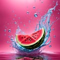 Skirting red juicy watermelon in a splash of water