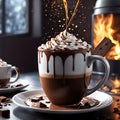 Gray cup with hot chocolate and whipped cream with chocolate drips Royalty Free Stock Photo