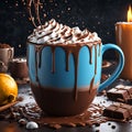 Blue cup with hot chocolate and whipped cream with chocolate drips Royalty Free Stock Photo