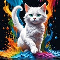 Cute white fluffy kitten walks on colorful spilled paint Royalty Free Stock Photo