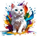 Kitten with green eyes sits in spilled rainbow paint. Royalty Free Stock Photo