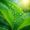 Spring green lush foliage in water drops against the backdrop .