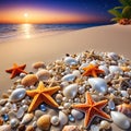 Sandy beach with starfish seashells and pebbles Royalty Free Stock Photo