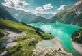 A breathtaking panorama unfolds as Lake Zillergrund glistens like an emerald jewel, its tranquil turquoise waters Royalty Free Stock Photo