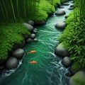 Japan nature landscape, bamboo dew, a clear mountain river flows in the middle in the river slavesbanner, post.