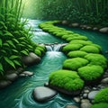 Japan nature landscape, bamboo dew, a clear mountain river flows banks banner, post