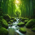 Japan nature landscape, bamboo dew, the sun is blowing, a clear mountain river flows in the middle, post