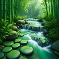 Japan nature landscape, bamboo dew in the middle of a clear mountain river flowing banner, post