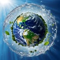 Globe planet earth covered with vegetation isolated with ice on blue bg sun rays, post banner Royalty Free Stock Photo