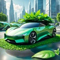 Eco green super car covered with greenery stands on green foliage