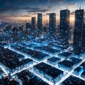 A big city at night with high-rise buildings stands on an electronic board, technology post Royalty Free Stock Photo