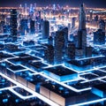 A big city at night with high-rise buildings stands on an electronic board Royalty Free Stock Photo