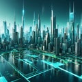 A big city at night with high-rise buildings stands on an electronic board, technology Royalty Free Stock Photo