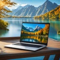 A laptop computer with a nature screensaver stands on a wooden table against the of a lake, mountain forest Royalty Free Stock Photo