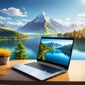 A laptop computer with a nature screensaver stands on a wooden table against the backdrop Royalty Free Stock Photo