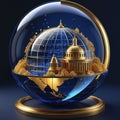 Glass round transparent blue glass globe with a gold building inside