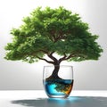 A large tree grows in a glass beaker in water