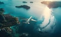 plane in the sky. beautiful cloud and natural ocean and islands view Royalty Free Stock Photo