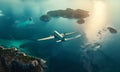 plane in the sky. beautiful cloud and natural ocean and islands view Royalty Free Stock Photo