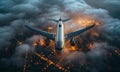 top view plane in the night time sky. beautiful cloud and city view Royalty Free Stock Photo