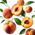 Appetizing juicy peaches with green leaves in a splash of water Royalty Free Stock Photo