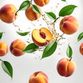 Appetizing juicy peaches with green leaves in a splash of water Royalty Free Stock Photo