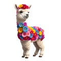 Cute funny white baby alpaca in fresh flowers Royalty Free Stock Photo