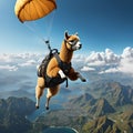 Cute funny lamma flies on a parachute over the mountains and river