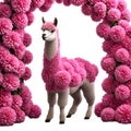 Cute funny white lamma in fresh pink flowers stands under an arch of flowers