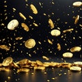 Gold coins with the image of a dollar sign are chaotically pouring