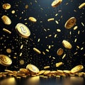 Gold coins with the image of Bitcoin are chaotically pouring