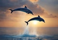 Dolphins jumping out of the water at sunset. Royalty Free Stock Photo