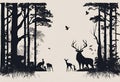 Black and white illustration of a deer family in the forest, Silhouette of a deer and a deer. Royalty Free Stock Photo