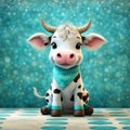 Illustration of a cute funny little cow calf white with brown spots sitting with a bandama on a cow Royalty Free Stock Photo