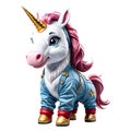 A 3D unicorn toy in a blue jumpsuit with a pink mane