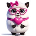 Cute funny 3D malish white alpaca lamma, alpaca in pink glasses with pink bows