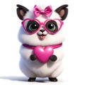 Cute funny 3D lamma, alpaca in pink heart-shaped glasses