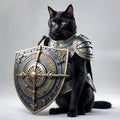 Cute funny black cat knight in metal knightly armor