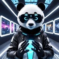 Cute funny space cyber panda with glasses in cyber reality