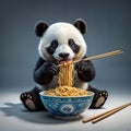 Cute funny baby panda eats noodles Chinese chopsticks Royalty Free Stock Photo