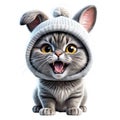 Cute funny gray kitten with bunny ears in a gray hat Royalty Free Stock Photo