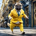 Cute funny pug dog in a yellow suit and tie walks Royalty Free Stock Photo