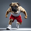 Brutal muscular pug dog in red shorts and white sneakers