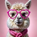 Lamma, alpaca in pink heart-shaped sunglasses with a pink scarf