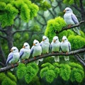 A flock of blue birds sit on a tree branch Royalty Free Stock Photo