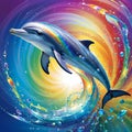 Dolphin swims underwater against the background of rainbow rays of the sun Royalty Free Stock Photo