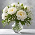 Beautiful white peony flowers stand in a transparent glass vase Royalty Free Stock Photo