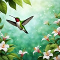 Calibri bird flies near white lilies on a birch background