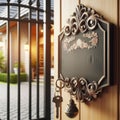 Blank wooden nameplate at the entrance to house. Nameplate outside of the wrought gate. Home decoration concept