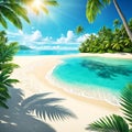 Tropical beach with blue waves, white sand on the beach with green palm trees Royalty Free Stock Photo